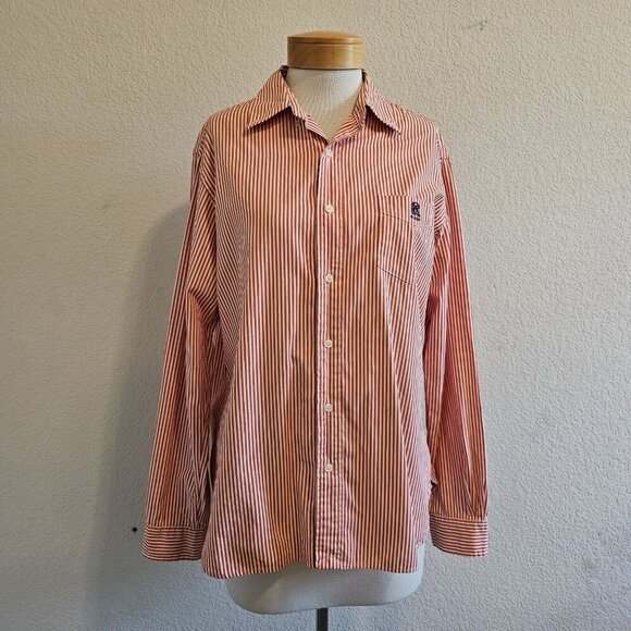 Vintage Ralph Lauren Rugby Orange Striped Cotton Long Sleeve Collared Shirt L - Picture 2 of 14